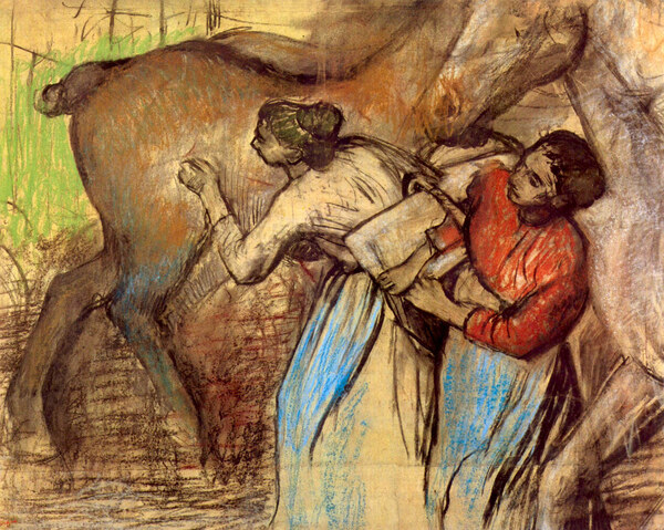 Two women washing horses by Degas